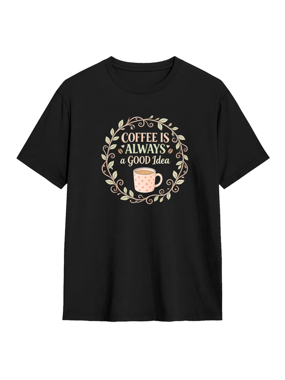 Coffee Is Always A Good Idea Wreath Retro Graphic Tee for Women, Coffee Fan Birthday Gift Cotton Short Sleeves T-Shirt