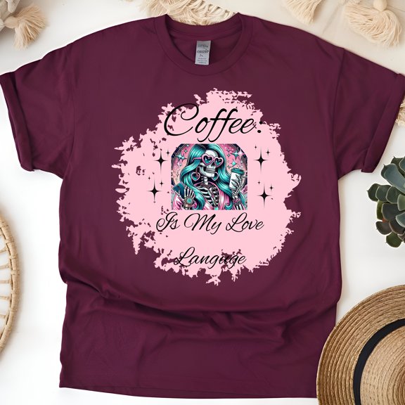 Coffee Is My Love Language Skeleton Graphic T-Shirt for Adults, Maroon, Size L