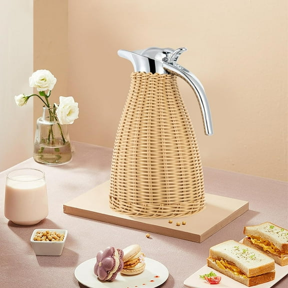 Coffee Jug, Retro Stainless Steel Coffee Thermal Jug, Rattan Thermal Jug, Double Walled Vacuum Insualted Jug with Handmade Rattan Body Insualted Jug Insulated Water Bottle for Cold & Hot Drink