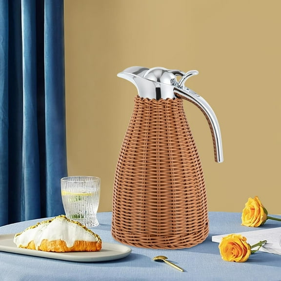 Coffee Jug, Retro Stainless Steel Coffee Thermal Jug, Rattan Thermal Jug, Double Walled Vacuum Insualted Jug with Handmade Rattan Body Insualted Jug Insulated Water Bottle for Cold & Hot Drink