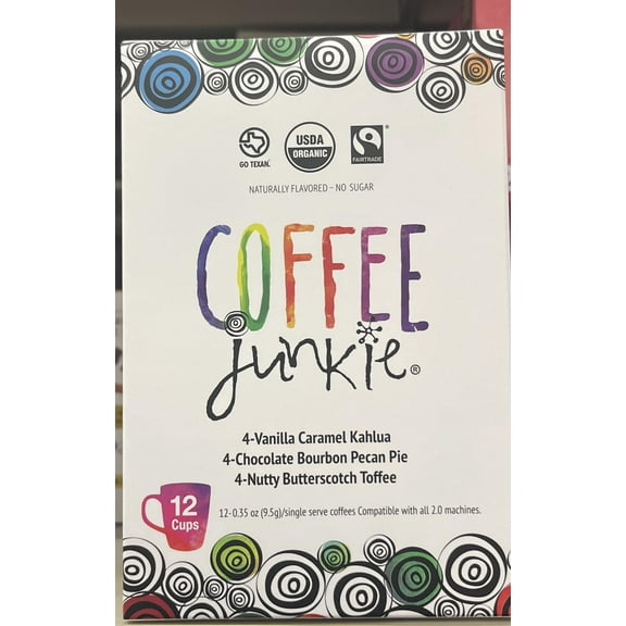 Coffee Junkie Organic coffee cups 3 flavors.  4 Vanilla Caramel Kahlua, 4 Chocolate Bourbon Pecan Pie, 4 Nutty Butterscotch Toffee.  12 pods per box.