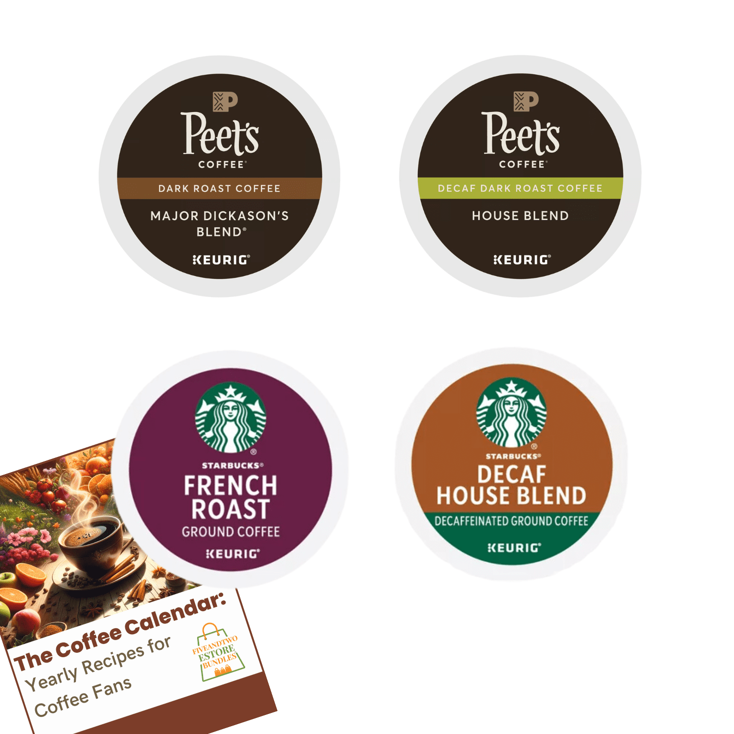 Coffee K-Pods Sampler, 28pcs, 4 Varieties – Peet's Dark Roast, Peet's Decaf Dark Roast, Starbucks French Roast, Starbucks Decaf House Blend – for Keurig Coffee Makers + Coffee Recipe eBook