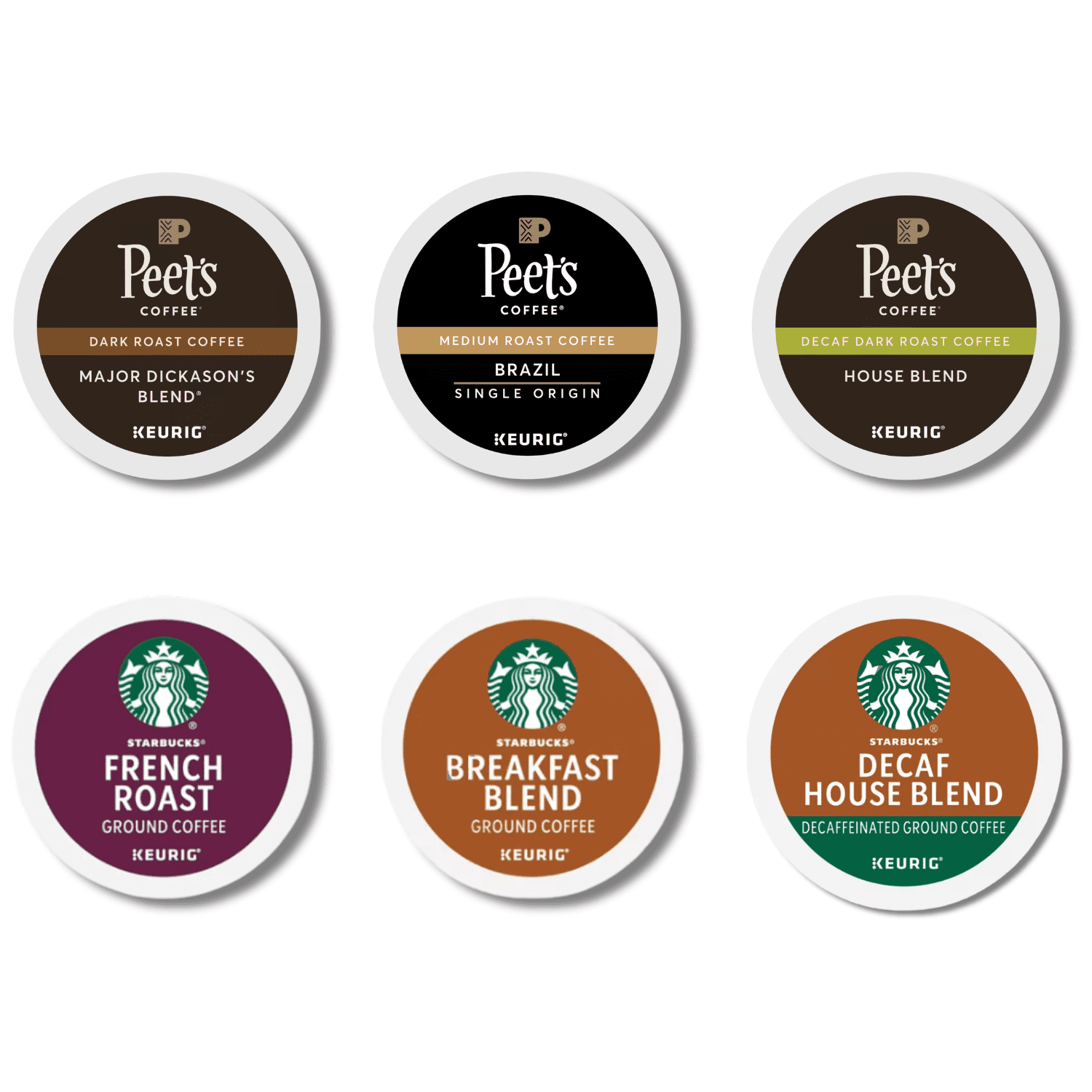 Coffee K-Pods Variety Pack, 30pcs – Peet's Dark Roast, Peet's Medium Brazil, Peet's Decaf, Starbucks French Roast, Breakfast Blend, Decaf House Blend – Keurig Compatible + Coffee Recipe eBook
