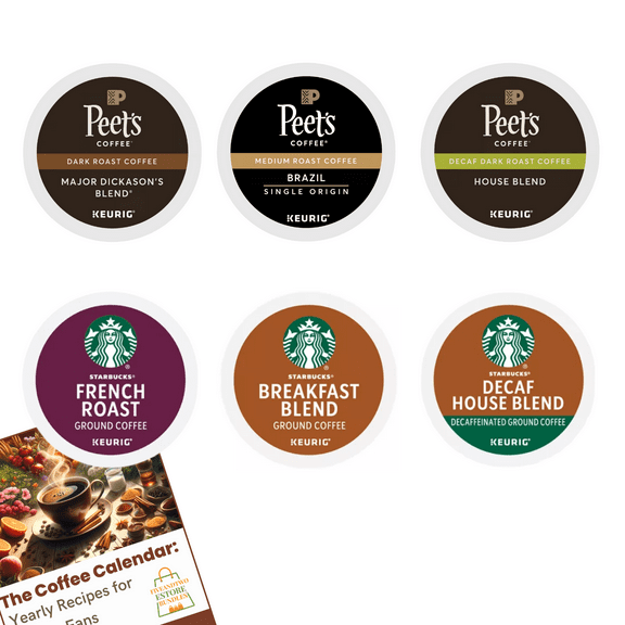 Coffee K-Pods Variety Pack, 30pcs Peet's Dark Roast, Peet's Medium Brazil, Peet's Decaf, Starbucks French Roast, Breakfast Blend, Decaf House Blend Keurig Compatible + Coffee Recipe eBook