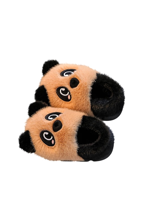 Coffee Kids Cozy Slippers With Heel Enclosure Thick Sole Panda Motif For Indoor Wear Anti-Skid Design For Toddlers Age 2.5 To 3 Years 5.9 Inch Insole