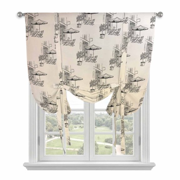 Coffee Kiosk Balloon Curtains for Bedroom/Front Door/Bathroom, Retro Leisure Coffee Time Farmhouse Beige Tie Up Curtains 63 Inch Length Light Filtering Kitchen Curtains Shades for Windows 46"x63"