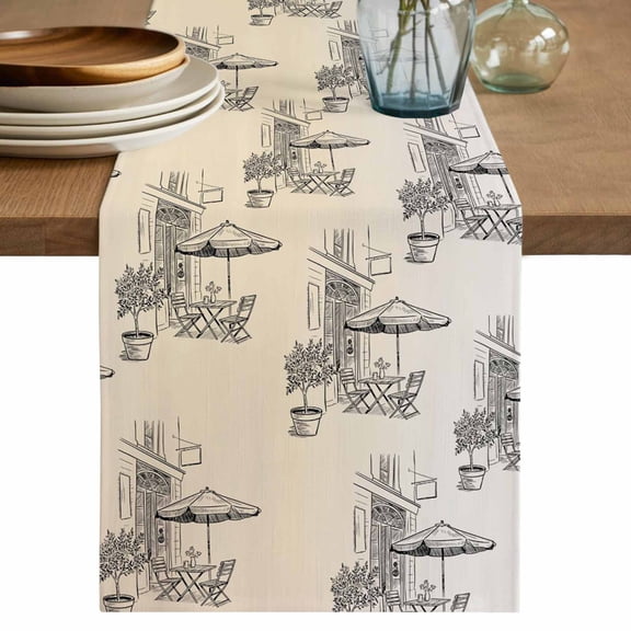 Coffee Kiosk Table Runner, Retro Leisure Coffee Time Farmhouse Beige Washable Cotton Linen Table Runners 36 Inches Long, Dresser Scarf Runner for Nightstand/End Tables/Round Tables 13''x36''