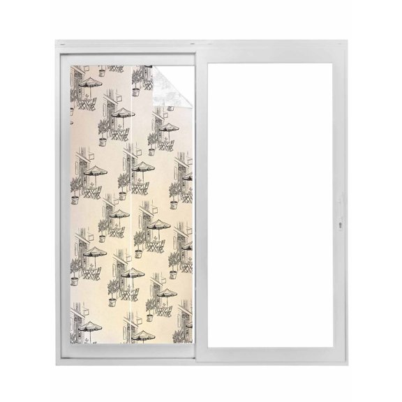 Coffee Kiosk Window Privacy Film, Retro Leisure Coffee Time Farmhouse Beige Static Cling UV Sun Blocking Tint Film Heat Control Windows Films for Bedroom Bathroom, Window Stickers 17.7"x39.3"