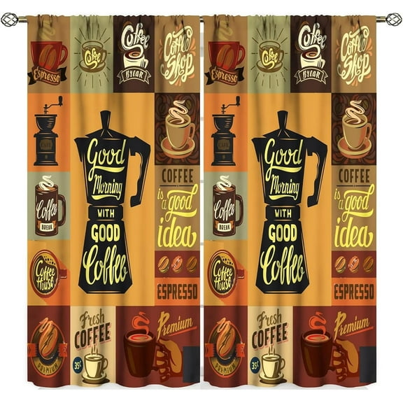 Coffee Kitchen Curtain, Shop and Set Vintage Theme Design Room Darkening Door Window Rod Pocket Curtain for Kitchen Cafe Decor 42x84in