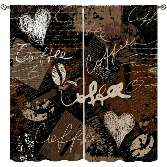 Coffee Kitchen Curtains,Abstract Graffiti Style Coffee Theme Vintage Brown Print Window Treatments for Bedroom Living Room Café Window Drapes 2 Panels Set,Total Size 52 x 84 Inch
