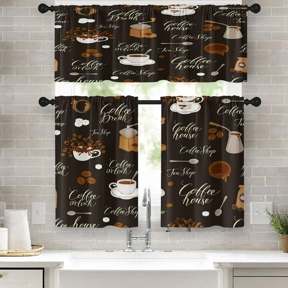 Coffee Kitchen Curtains Black Brown Window Curtains Valance and Tier Set 36 Inch, Coffee House Rod Pocket Short Tier Curtain, Retro Coffee Shop Small Cafe Curtains for Kitchen Decor