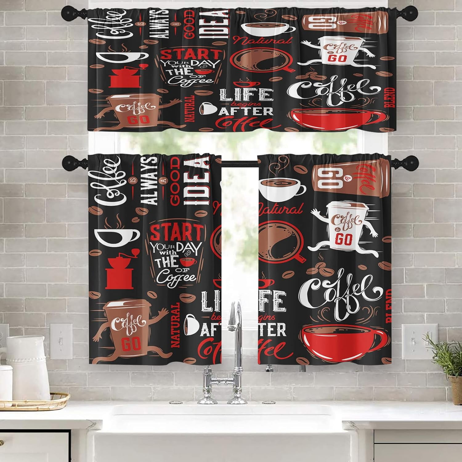 Coffee Kitchen Curtains Black Red Window Curtains Valance and Tier Set ...