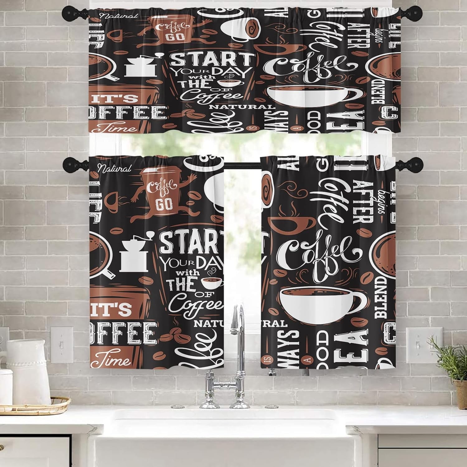 Coffee Kitchen Curtains Brown Black White Window Curtains Valance and ...