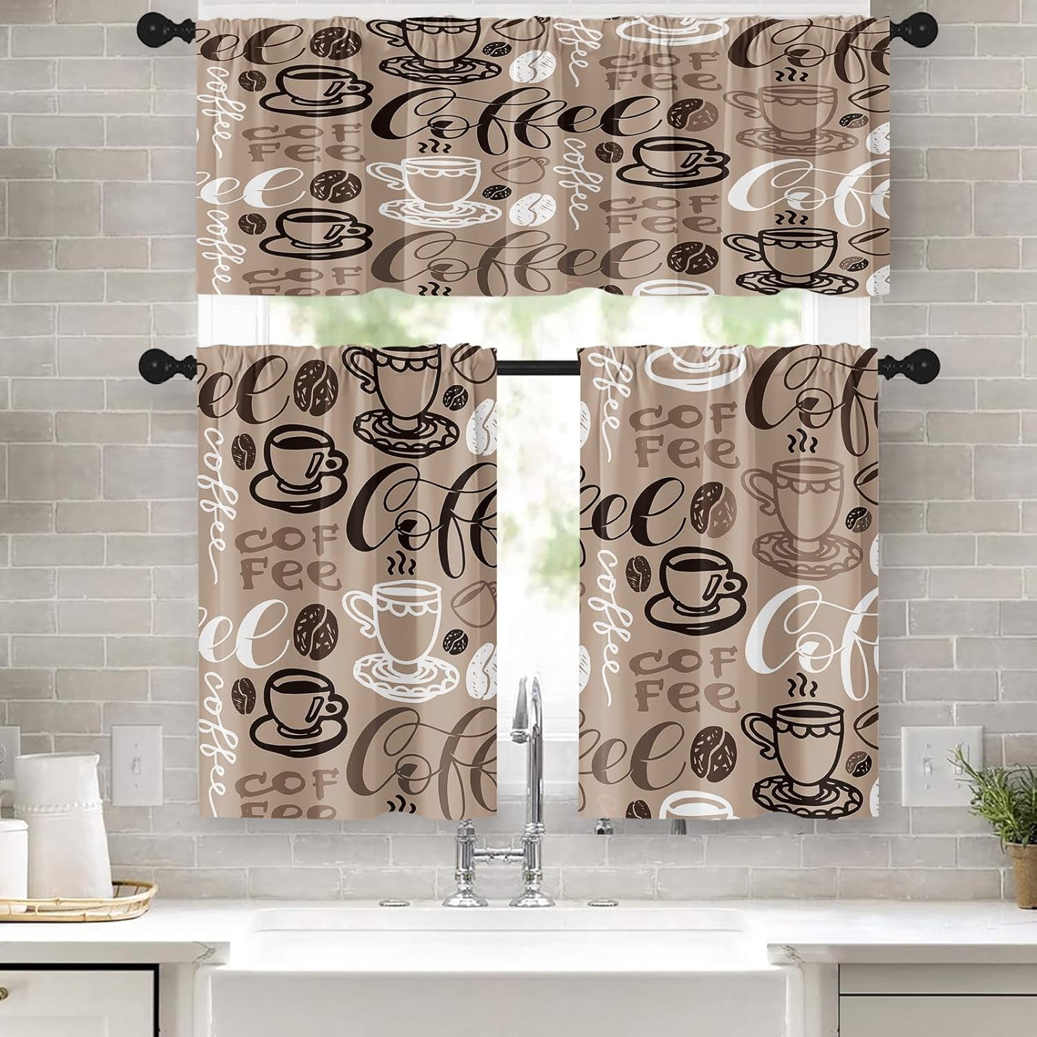 Coffee Kitchen Curtains Brown Window Curtains Valance and Tier Set of 3 ...