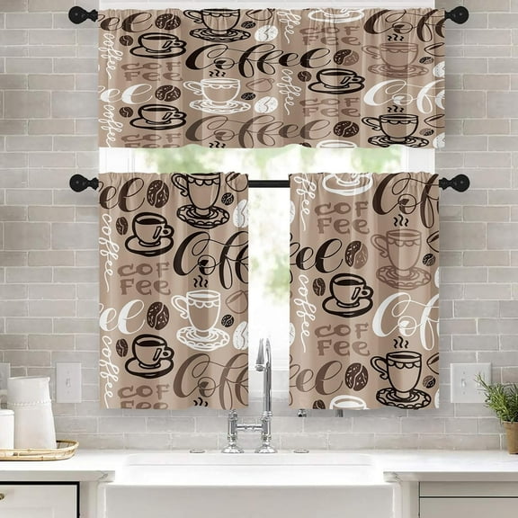 Coffee Kitchen Curtains Brown Window Curtains Valance and Tier Set 36 Inch, Farmhouse Rod Pocket Short Tier Curtain, Retro Vintage Small Cafe Curtains for Kitchen Decor