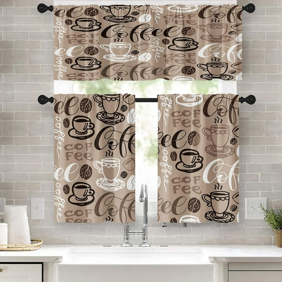 Coffee Kitchen Curtains Brown Window Curtains Valance and Tier Set, Farmhouse Rod Pocket Short Tier Curtain, Retro Vintage Small Cafe Curtains for Kitchen Decor 54" x 24"