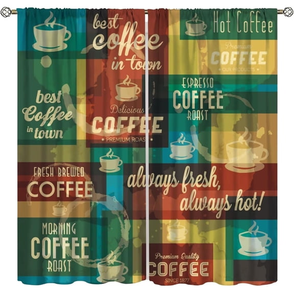 Coffee Kitchen Curtains,Cafeteria Pattern with Hot Mocha Latte Milk Typography on Scribble Backdrop, Window Drapes Set 2 Panels 55 x 39 Inch