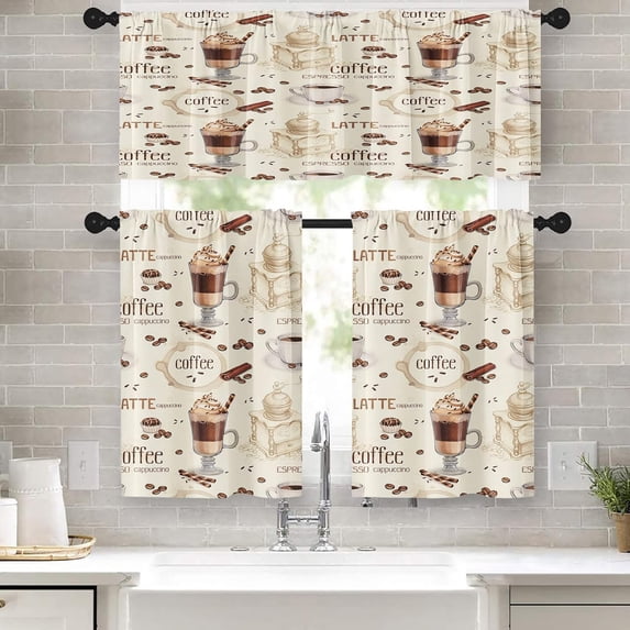 Coffee Kitchen Curtains Cappuccino Window Curtains Valance and Tier Set 36 Inch, Cream Rod Pocket Short Tier Curtain, Retro Coffee Shop Small Cafe Curtains for Kitchen Decor