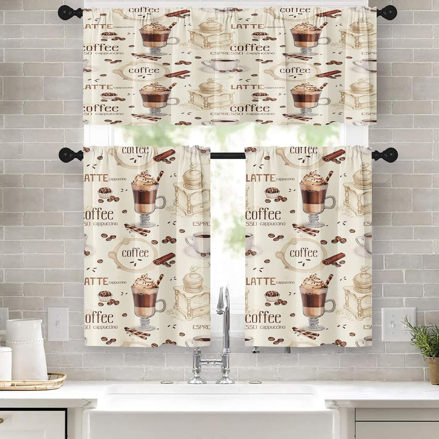 Coffee Kitchen Curtains Cappuccino Window Curtains Valance and Tier Set ...