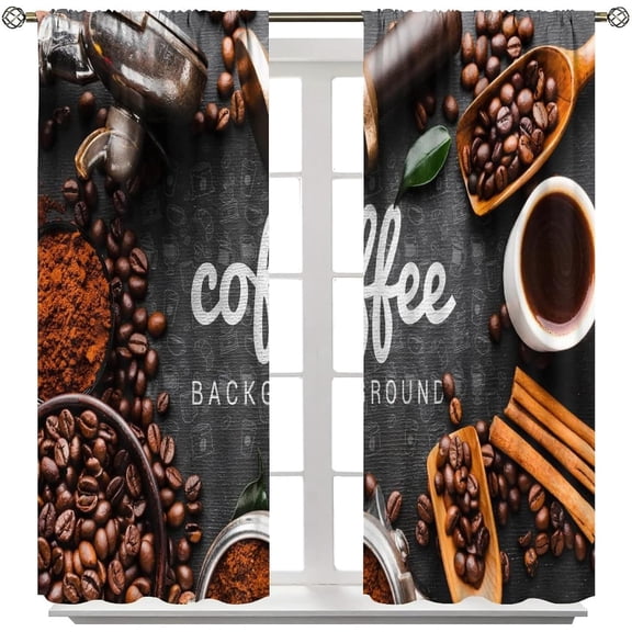 Coffee Kitchen Curtains, Coffee Theme Collage Roasted Beans Brewing Machines and Cups Aromatic Drink Pattern Fashion Decoration for Kitchen Cafe Decor 42x54in