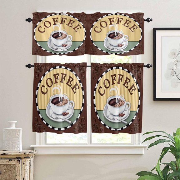 Coffee Kitchen Curtains, Coffee Themed Kitchen Curtains and Valances Set Tier Curtains, Steaming Coffee Valances for Windows Rod Pocket Short Curtains for Bathroom Living Room White Coffee Cup Beans