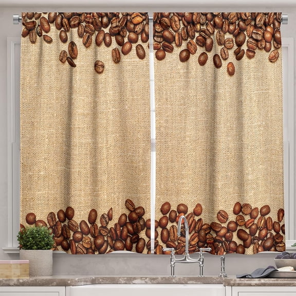 Coffee Kitchen Curtains, Pale Brown Colored Background with Coffee Beans Framework Beverage Caffeine, Window Drapes 2 Panel Set for Kitchen Cafe Decor, 55" X 39", Pale Brown