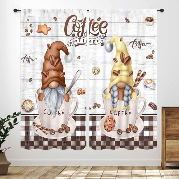 Coffee Kitchen Curtains,Rustic Farmhouse Vintage Funny Gnomes Coffee Rod Pocket Window Treatments for Cafe Bar Living Room Drapes Decor,42x63in