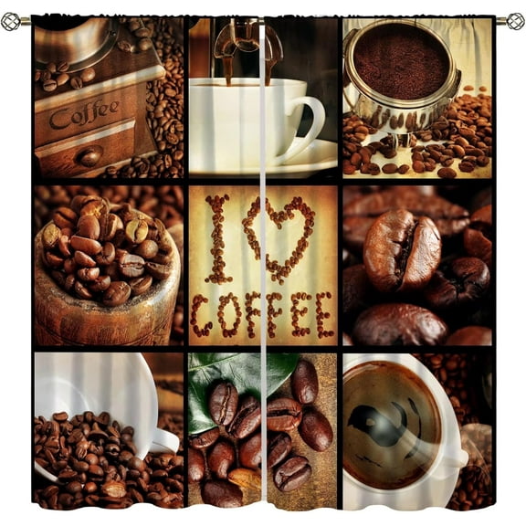 Coffee Kitchen Curtains - Rustic Retro Latte Bean Drink Pattern Living Room Curtains - Modern Cafe Decor - 55x63 Inches - 2 Panels