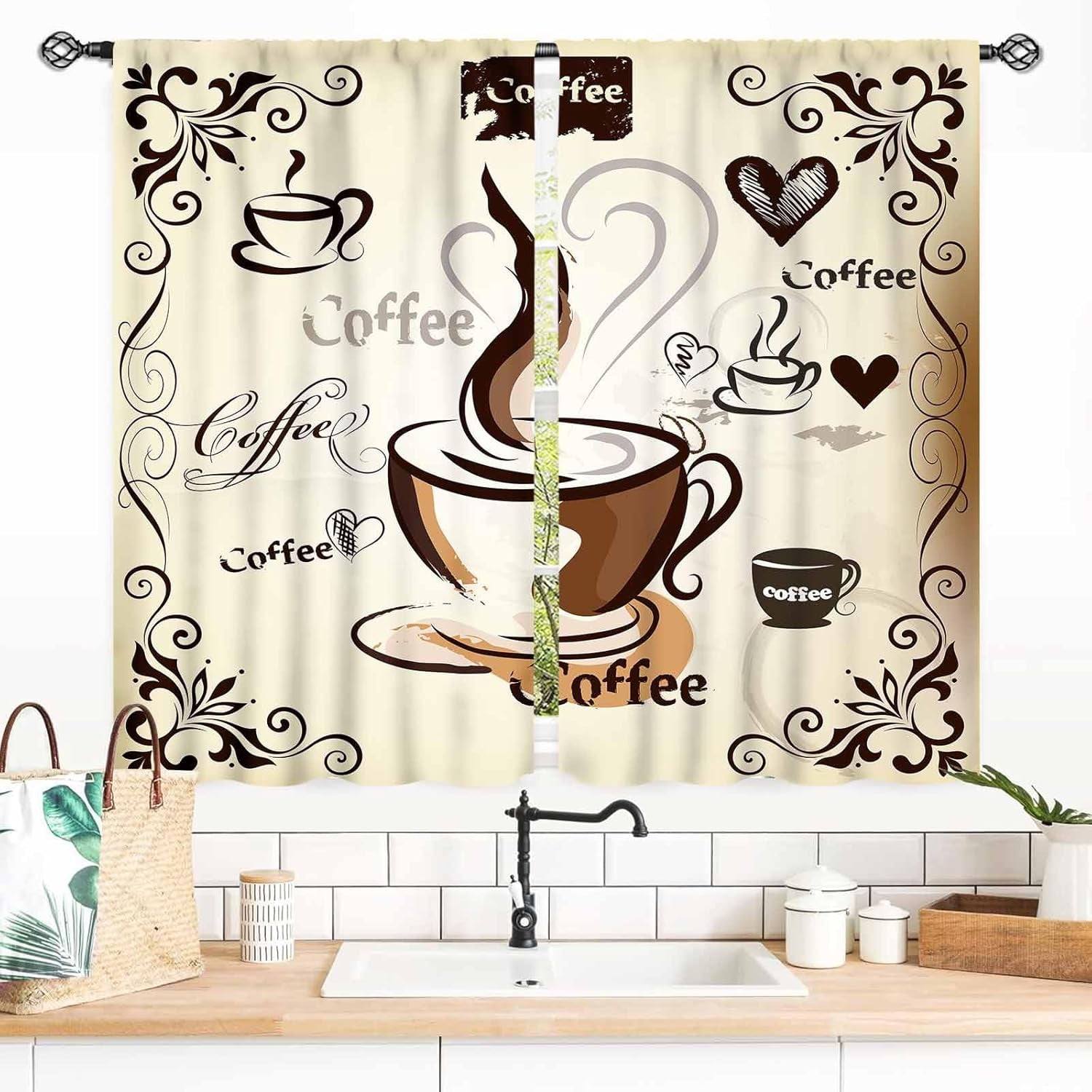 Coffee Kitchen Curtains, Rustic Vintage Coffee Theme Latte Cappuccino ...