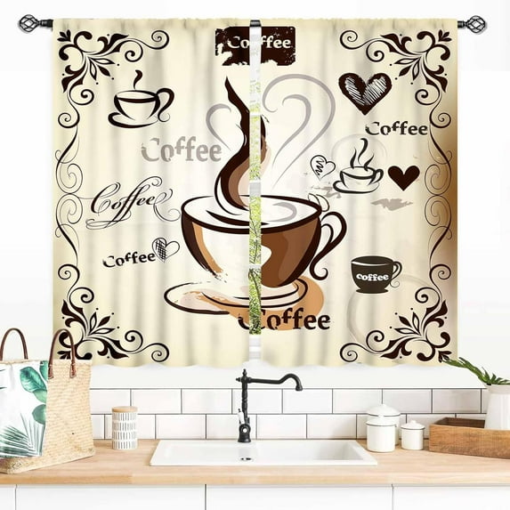 Coffee Kitchen Curtains, Rustic Vintage Coffee Theme Latte Cappuccino Cafe Beans Brown Blackout Farmhouse Country Small Window Treatments Drapery for Living Room Bedroom Dining Room, 55x39 Inch
