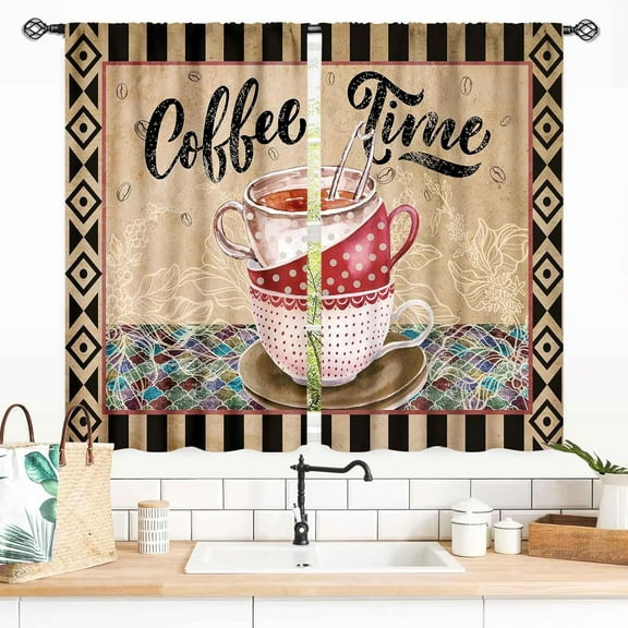 Coffee Kitchen Curtains, Rustic Vintage Coffee Theme Latte Cappuccino Cafe Beans Brown Blackout Farmhouse Country Small Window Treatments Drapery for Living Room Bedroom Dining Room, 55x39 Inch