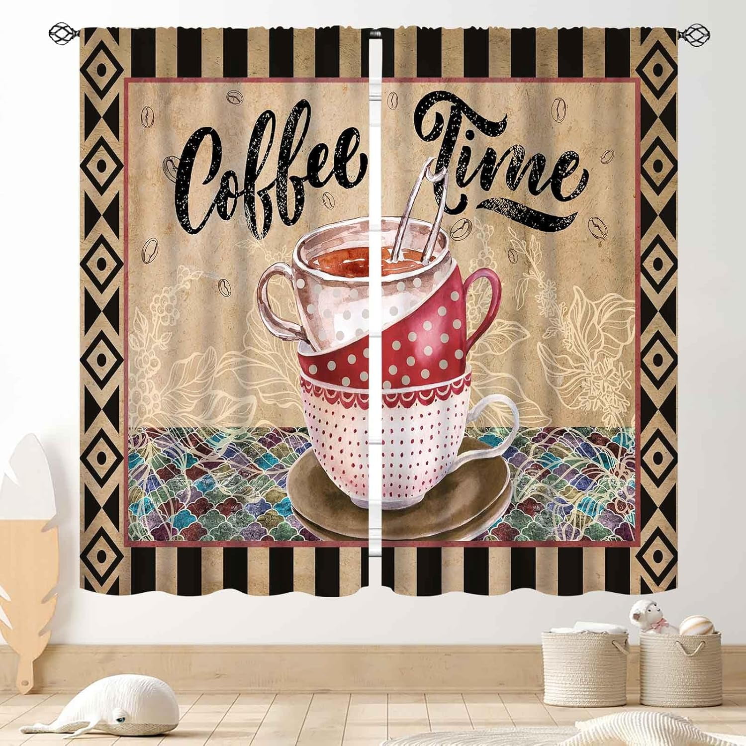Coffee Kitchen Curtains, Rustic Vintage Coffee Theme Latte Cappuccino Cafe Beans Brown Blackout Farmhouse Country Window Treatments Drapery for Living Room Bedroom Dining Room, 52"x84" Inch