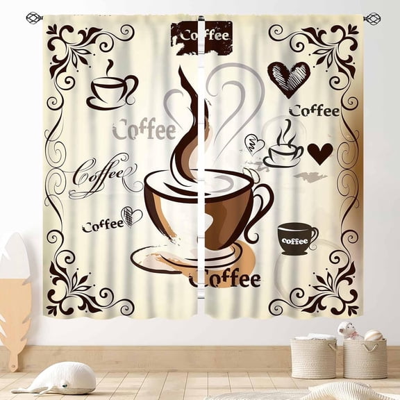 Coffee Kitchen Curtains, Rustic Vintage Coffee Theme Latte Cappuccino Cafe Beans Brown Farmhouse Country Window Treatments Drapery for Living Room Bedroom Dining Room, 84"x63" Inch
