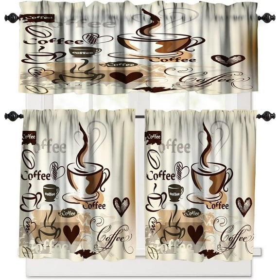 Coffee Kitchen Curtains Sets, Cafe Coffee Theme Valance for Kitchen Windows, Tea Party Coffee Bean Print Small Short Curtains Window Treatments Valance Sets for Kitchen Cafe, 54x36 Inch, 3 Piece