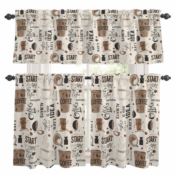 Coffee Kitchen Curtains Sets for Windows 24 Inch Length, Brown Beans Cup Dessert Drink Monochrome Rod Pocket Window Treatments Tier Curtains and Valances Set for Bedroom/Bathroom