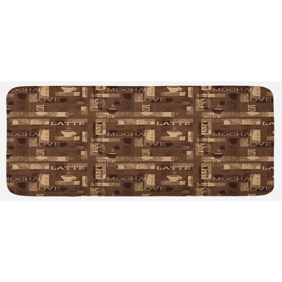 Coffee Kitchen Mat, Cafeteria Pattern with Hot Mocha Latte Milk Love Typography on Scribble Backdrop, Plush Decorative Kitchen Mat with Non Slip Backing, 47" X 19", Brown Beige, by Ambesonne