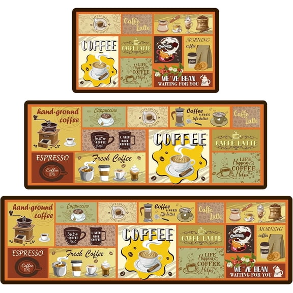 Coffee Kitchen Mats for Floor, 3 Pieces Non Slip Cushioned Kitchen Runner Rugs with Grid Design, Waterproof Comfort Mat Farmhouse Chef Runners Carpet for Sink, Bathroom