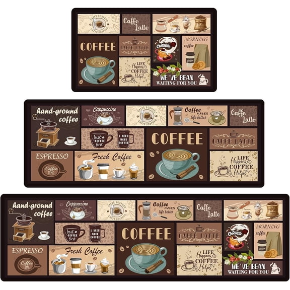 Coffee Kitchen Mats for Floor, 3 Pieces Non Slip Cushioned Kitchen Runner Rugs with Grid Design, Waterproof Comfort Mat Farmhouse Chef Runners Carpet for Sink, Bathroom