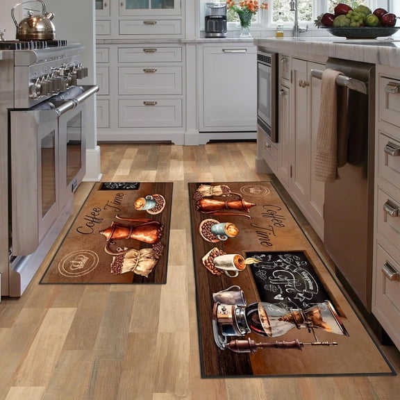 Coffee Kitchen Rug 2 Piece Set, Farmhouse Style Decor Kitchen Floor Mat, Absorbent and Washable Runner Rug, Coffee Vintage Kitchen Decoration