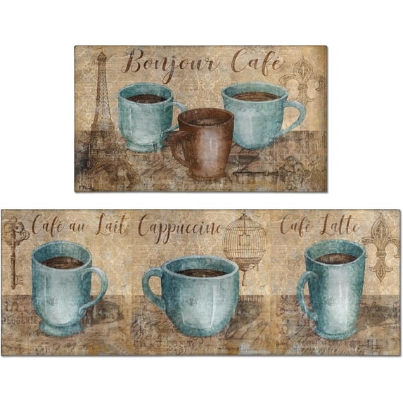 Coffee Kitchen Rug Sets of 2 Piece Non Slip Kitchen Rugs and Mats Washable Kitchen Mats for Kitchen Floor Mat Carpet Runner Rugs for Hallway Laundry Decor 17\u201dx30\u201c+17'''' X 47''''