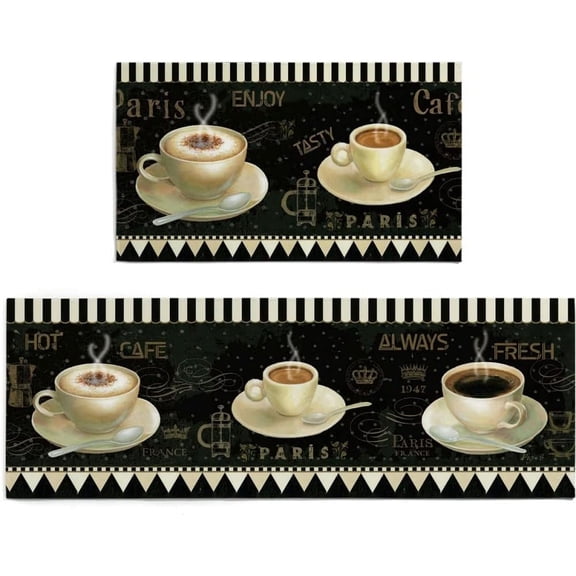 Coffee Kitchen Rugs, 2 Pieces Washable Kitchen Mats Coffee Theme Non Skid Anti Fatigue Kitchen Mat Coffee Floor Mats for Home Floor Office Bathroom Entryway Decorations