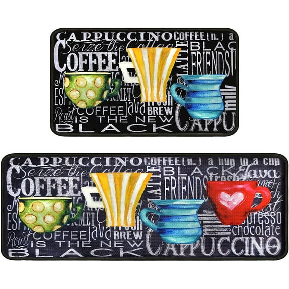 Coffee Kitchen Rugs Kitchen Floor Mats for in Front of Sink, Anti Fatigue Floor Mat for Kitchen, Padded Kitchen Mats for Standing and Kitchen Matt for Standing for Coffee Kitchen Decor 17"X30"+17"X47"