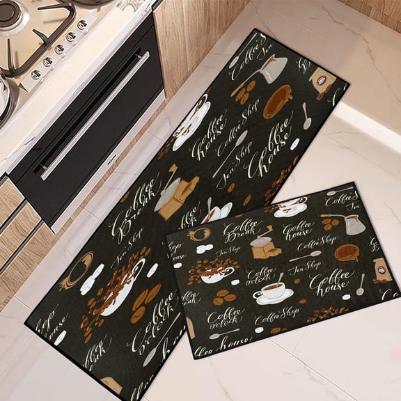 Coffee Kitchen Rugs and Mats Non Skid Washable Set of 2, Tea Shop Kitchen Mats for Floor, Coffee House Chocolate Cafe Kitchen Runner Rug, Retro Kitchen Decor