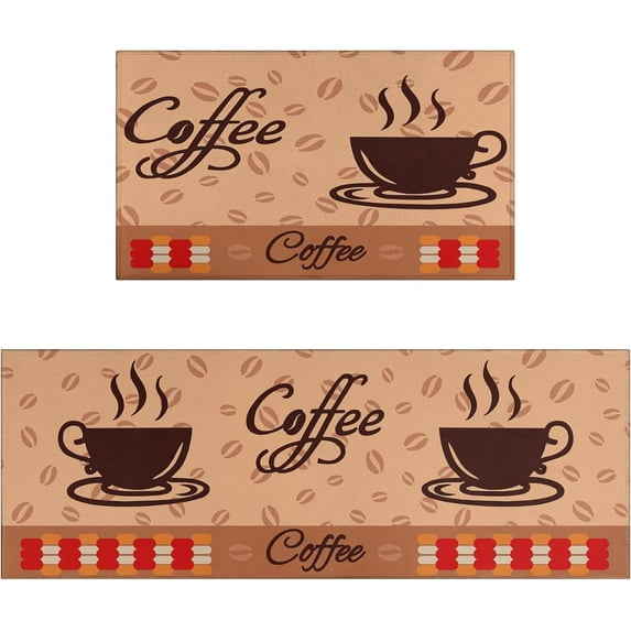 Coffee Kitchen Rugs and Mats Sets of 2,Brown Kitchen Decoration Non-Slip Absorbent Mat for Sink Waterproof Runner Rug for Laundry Room,17x30+17x48inch