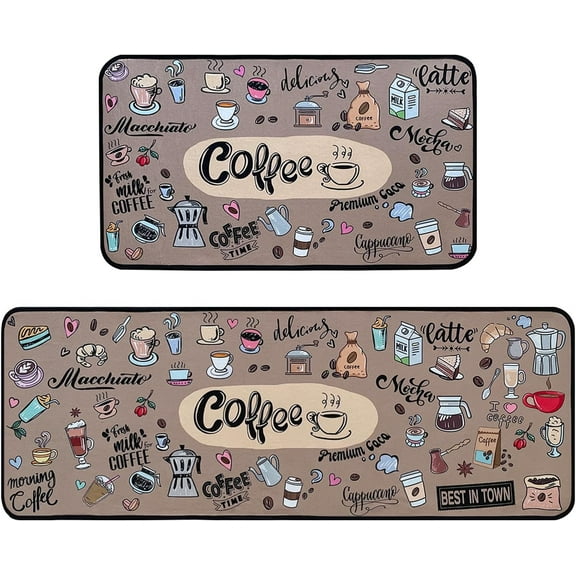 Coffee Kitchen Rugs,Non Skid Washable Microfiber mats for Kitchen Floor,Coffee Theme Kitchen Cushioned Runner Rug Decor Sets of 2 Pieces,17"x 47"+17"x 30"