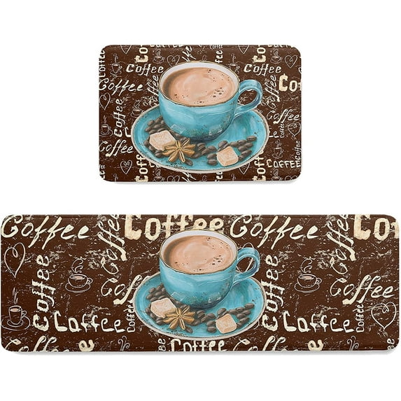 Coffee Kitchen Rugs Set 2 Piece 18x30in+18x47.2in, Non-Slip Kitchen Mats Set Rubber Backing Indoor Entry Door Mat Carpets - Vintage Blue Coffee Cup Beans Sugar Lump Brown