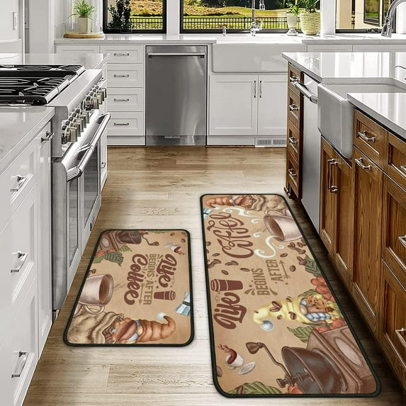 Coffee Kitchen Rugs Sets of 2, Coffee Rugs for Kitchen, Brown Kitchen Rug Washable Non-Slip Kitchen Mats for Floor 2 Piece Coffee Decorations for Kitchen