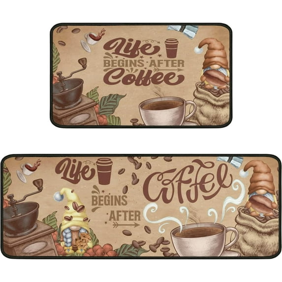 Coffee Kitchen Rugs Sets of 2, Coffee Rugs for Kitchen, Brown Kitchen Rug Washable Non-Slip Kitchen Mats for Floor 2 Piece Coffee Decorations for Kitchen