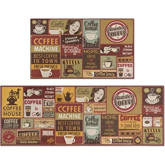 Coffee Kitchen Rugs Sets of 2, Vintage Farmhouse Home Kitchen Rugs and Mats, Washable Non Skid Absorbent Microfiber Kitchen Floor Decor Mat 17"x 47"+17"x 30"