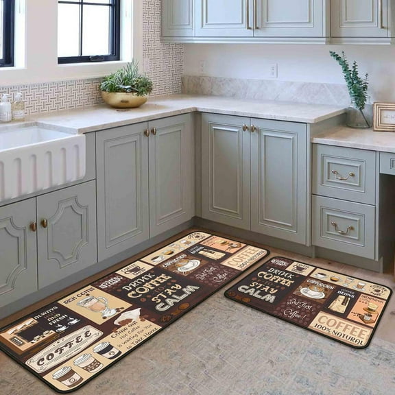 Coffee Kitchen Rugs and Mats Non-Slip, Washable, Stain and Fade Resistant, Suitable for Kitchen Mat Set of 2 Coffee Kitchen Decor 17" x47"+17"x30"